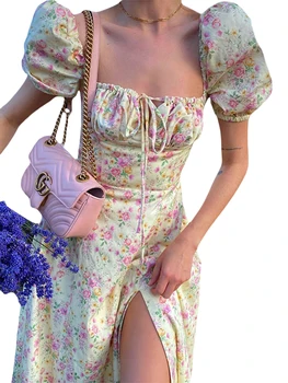 Elegant Women s Maxi Dress with Puff Sleeves Lace-Up Detail Floral Print and High Side Split for a Stylish Look 2