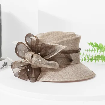 Elegant Court Linen Sinamay Wedding Hat For Women Ladies Church Hat Elegant Flower Wide Brim Fedoras Kentucky Derby Party Hat 1