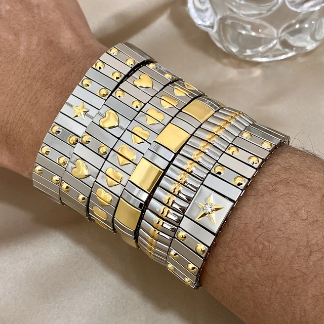 Vintage Stainless Steel Bangles Bracelet Classic Elasticity Love Heart Bangle for Women Wristband Waterproof Jewelry Gifts 2