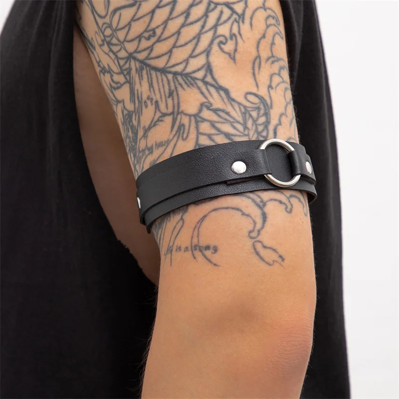 Leather Arm Bands For Men Adjustable Leather Armband Harness Set (2-Pack) - Punk Rock/Metal Style Leather Bicep Band