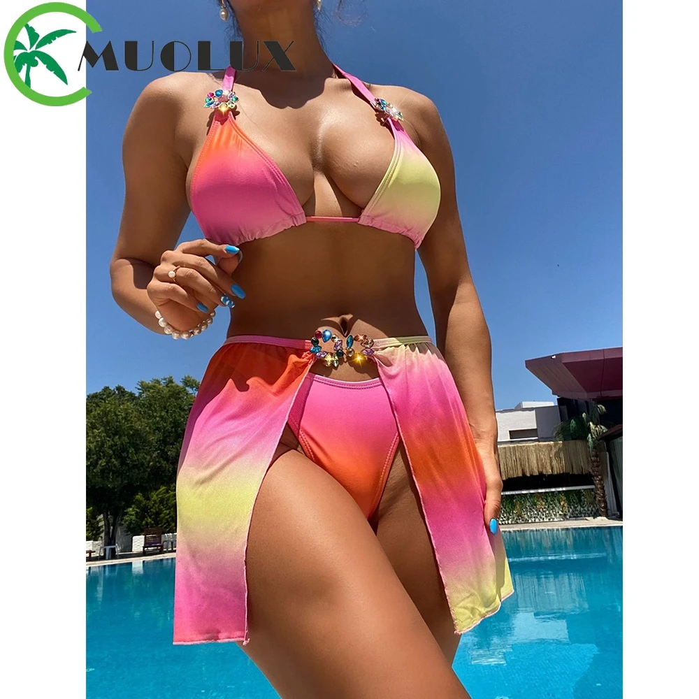 

MUOLUX 2023 Sexy 3 pieces Bikini Set Halter Swimsuit Cover Up Women Gradient Print Swimwear Bathing Suit Dress Brazlian Biquini