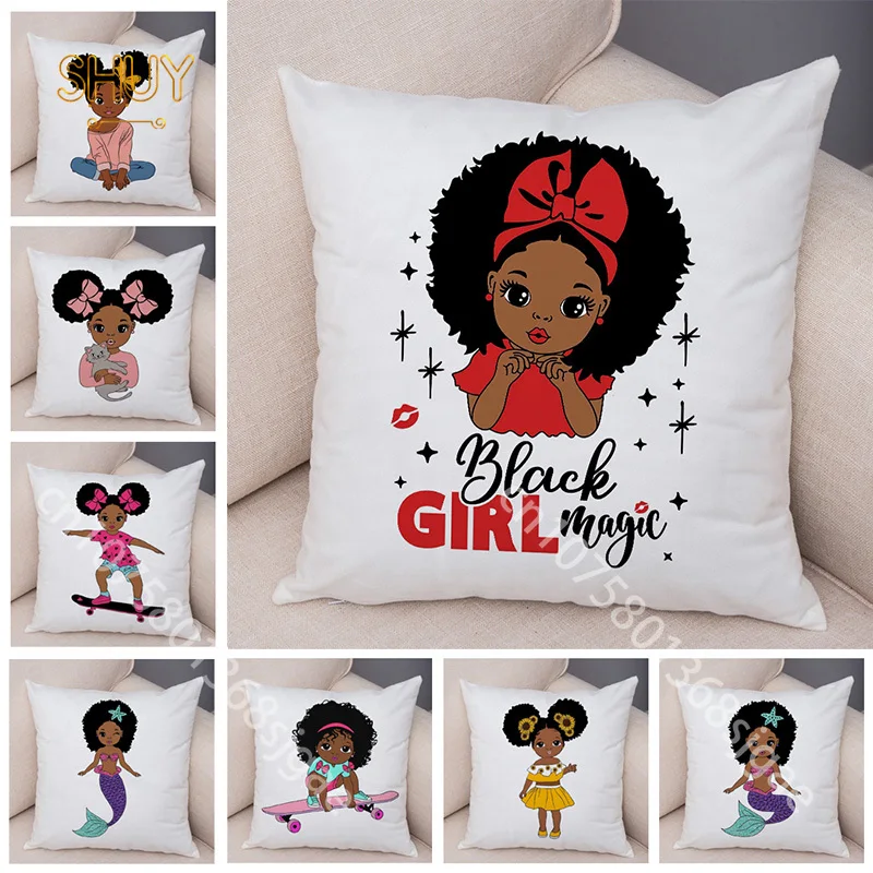 

Lovely Cartoon Africa Girl Pillow Case Soft Plush Cushion Cover for Sofa Home Decor Cute Style African Children Throw Pillowcase