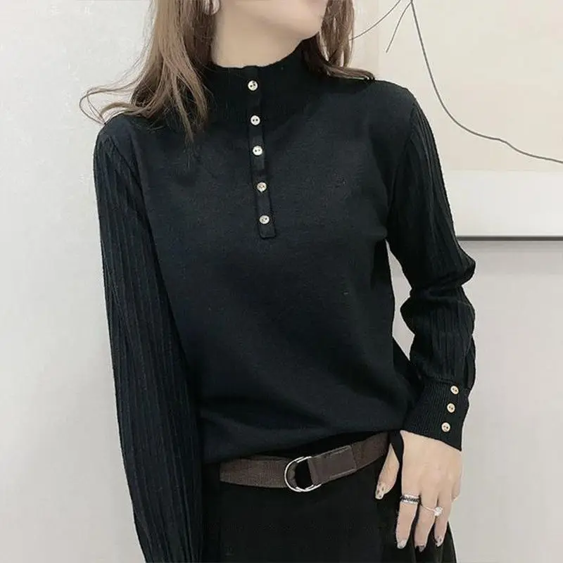 

Gidyq Korean Women Knitted Sweater Fashion Designed Button Bottoming Shirt Casual Female All Match Solid Pullover Top Spring New