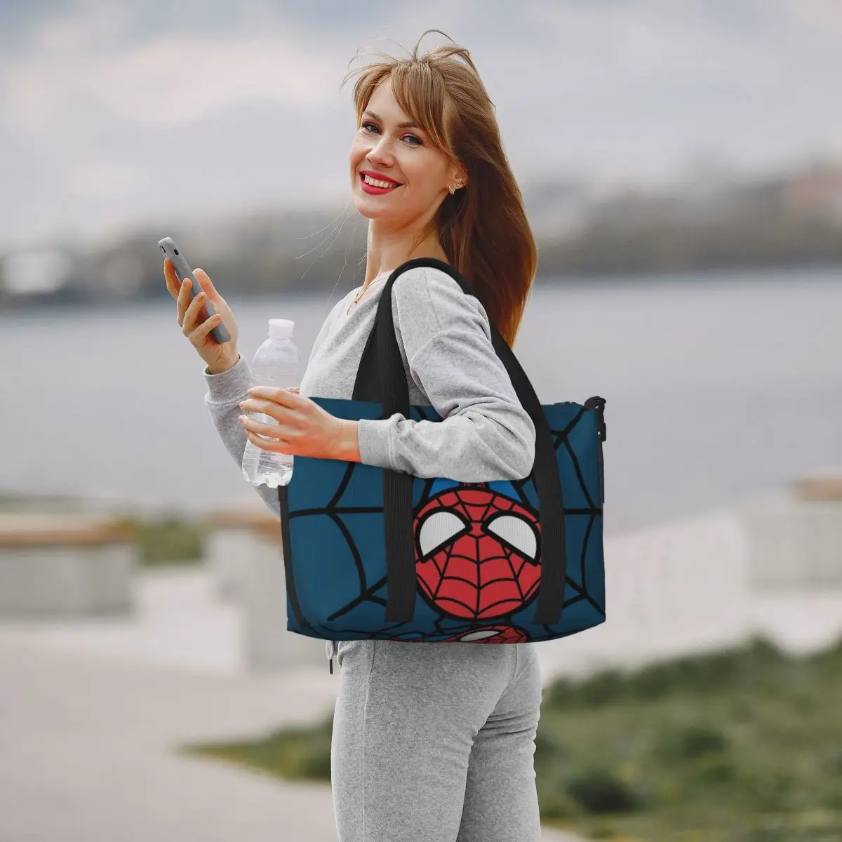 Custom Large Kawaii Spider Man Hanging Upside Down Tote Bag Women Spiderman Shoulder Shopper Beach Gym Travel Bag 6