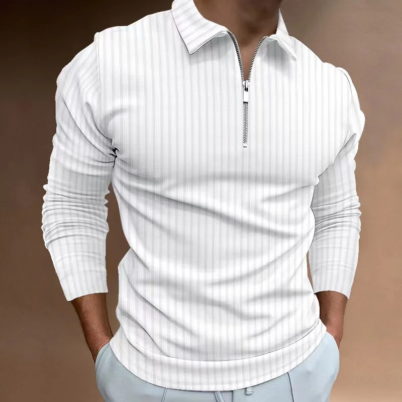 

CIGY-New Autumn and WinterPOLOShirt Zipper Striped Long Sleeve Men's Polo Shirt