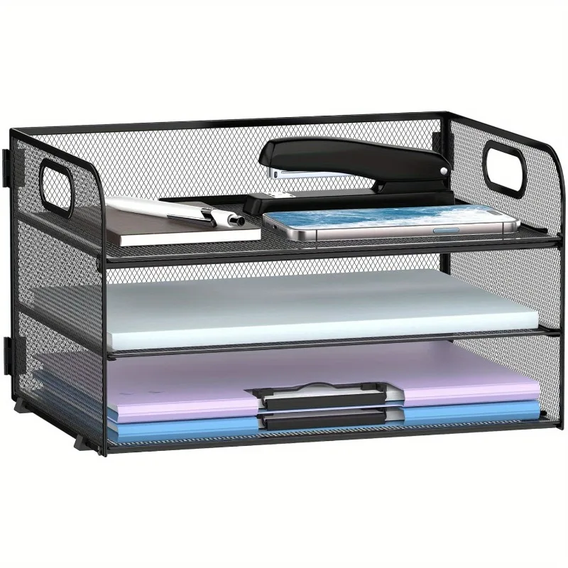 

3 Tier Paper Organizer with Handle, Mesh Desk Organizer Letter Tray, Paper Tray Organizer File for A4 File Folder