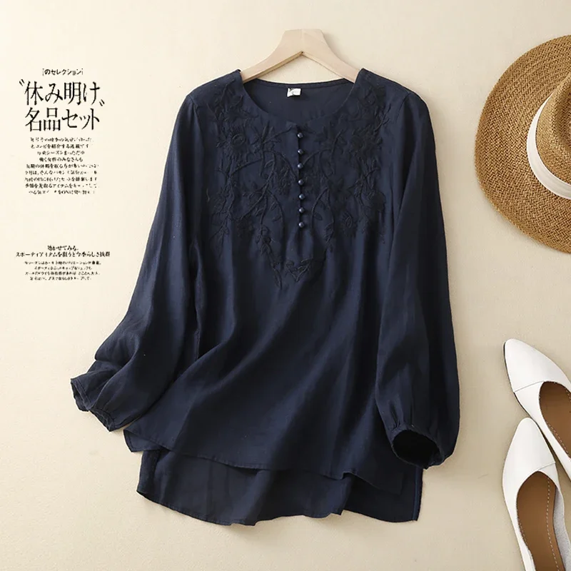 Embroidery Chinese Style Blouses Summer Vintage Women's Shirts Long Sleeve Cotton Linen Clothing Loose Women Top 2024 Korean