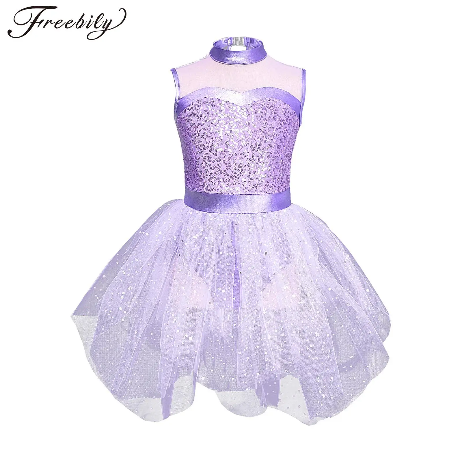 

Kids Girl Ballet Dance Tutu Sleeveless Shiny Sequin Tulle Leotard Dress Lyrical Dancing Skating Gymnastics Performance Dancewear