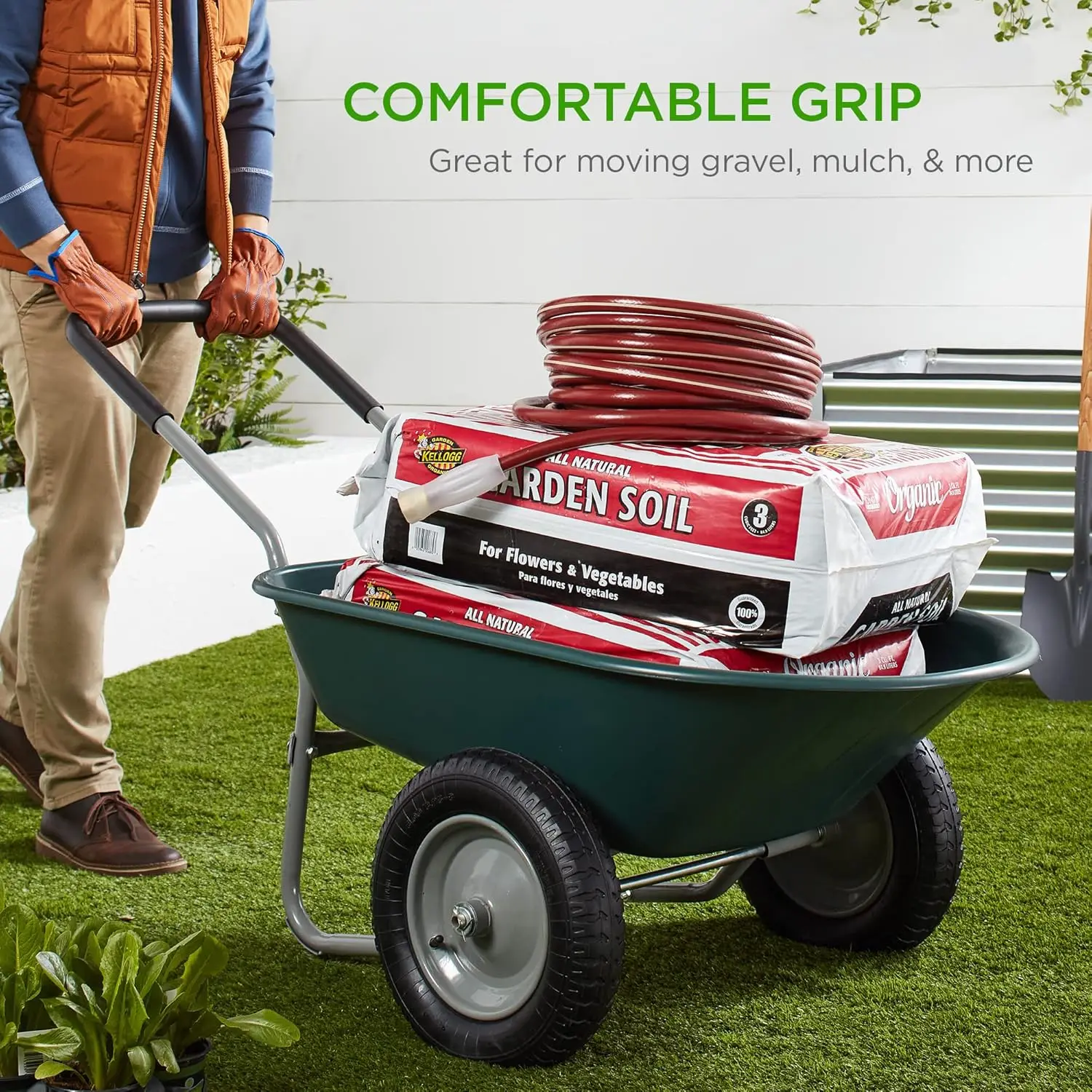 Best Choice Products Dual-Wheel Home Utility Yard Wheelbarrow Garden Cart w/Built-in Stand for Lawn, Gardening 6