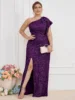 UNITHORSE Women Plus Size Sequin One Shoulder Split Hem Evening Dress