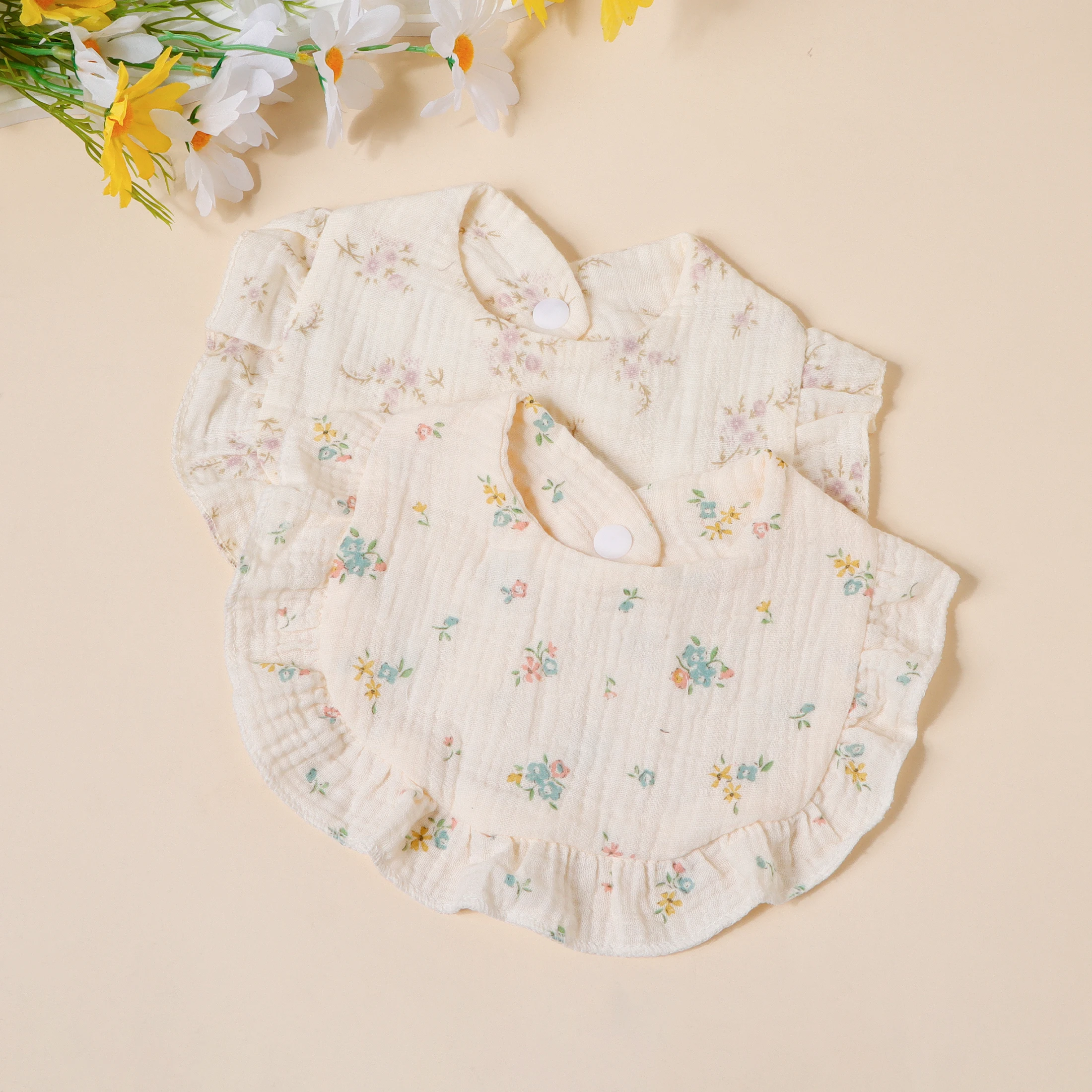 4개/세트 아동 턱받이 세트 면 모슬린 용  편안한 침받이 물방울 모양 타월 단색 버튼형 키즈 턱받이