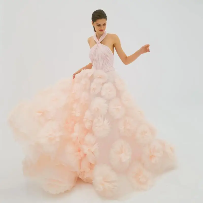

Unique Handmade Tulle Ball Flowers Prom Gown Halter Long Evening Party Dresses Light Pink Vestidos de fiesta Floral Formal Dress