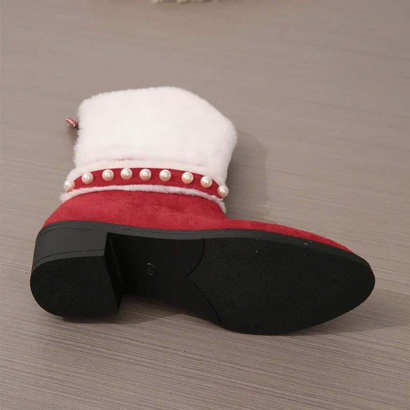 Women's Christmas Mid-calf Boots Fashion Pointed Low Heel Pearl Women's Boots Simple Comfortable Winter Shoes