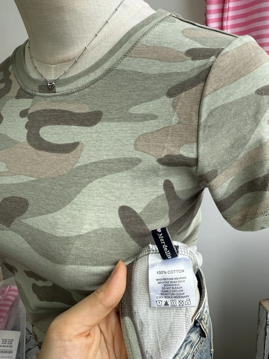 รูปสินค้า เสื้อผ้าฝ้ายลายพราง วินเทจ Y2K เข้ารูป