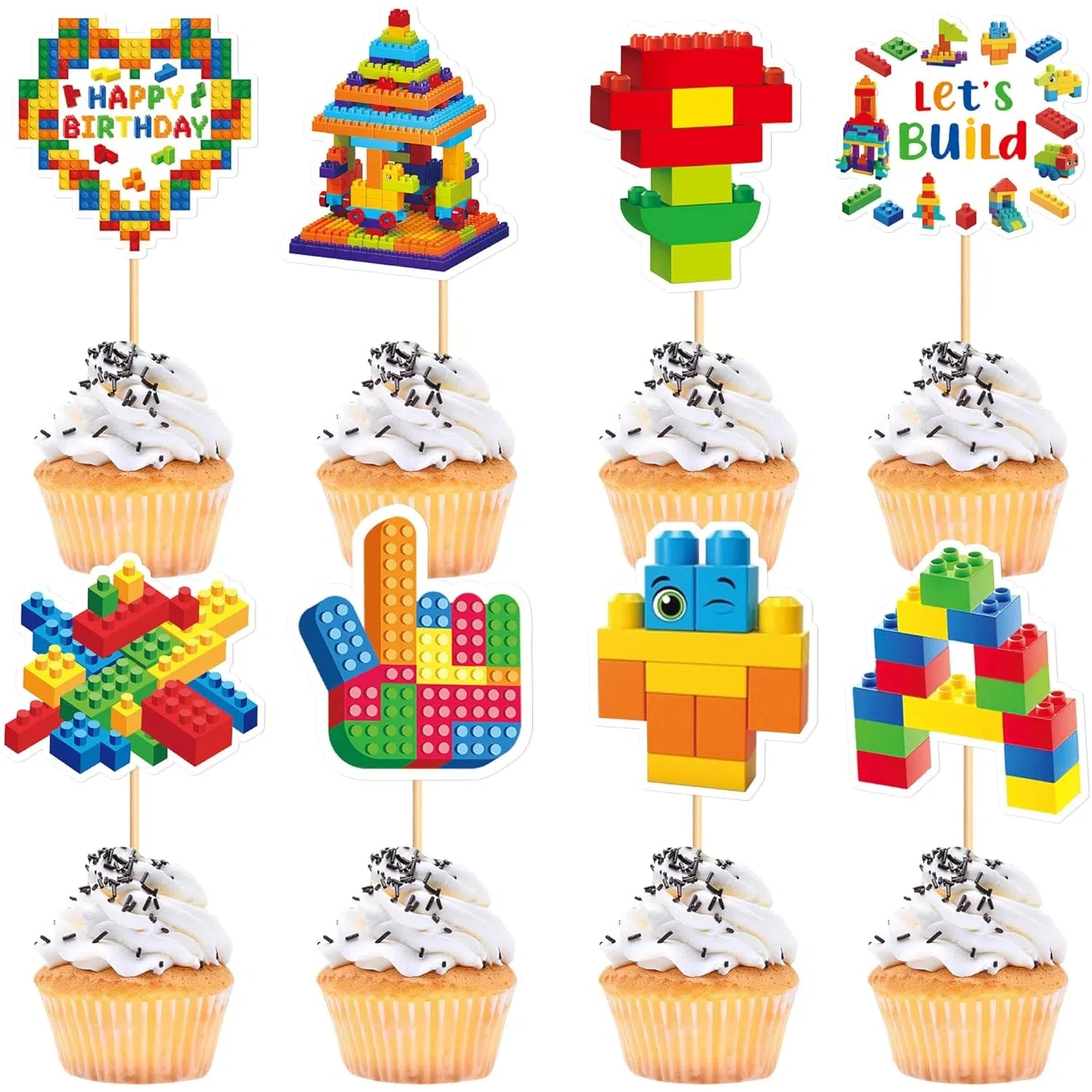 16/24 Stück Baustein-Geburtstagsparty-Cupcake-Topper, Geburtstagsparty-Dekorationen, Baustein-Thema Geburtstags-Deko