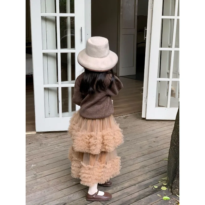 2026 새로운 봄 가을 어린이 소녀 갈색 니트 스웨터 귀여운 패턴 캐주얼 패션 따뜻한 풀오버 어린이 니트 탑 H5216