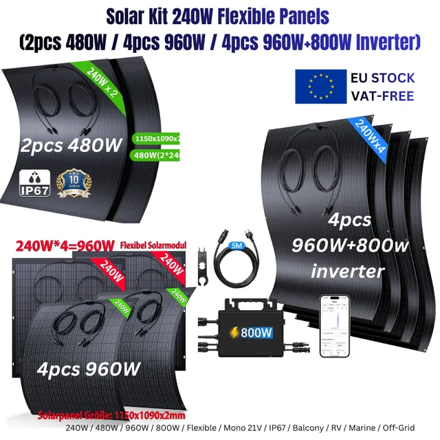 Solar Kit 240W Flexible Panels (2pcs 480W / 4pcs 960W / 4pcs 960W+800W Inverter) Mono 21V IP67 for Balcony RV Marine Off-Grid 1