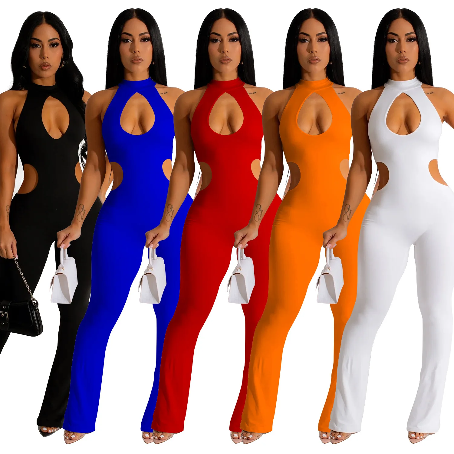 

EINYOO Fashion Women's Solid Sexy Hanging Neck Hollow out Evening Long Pants Bodycon Prom Party Jumpsuit Clothes Traf Zevity Y2K