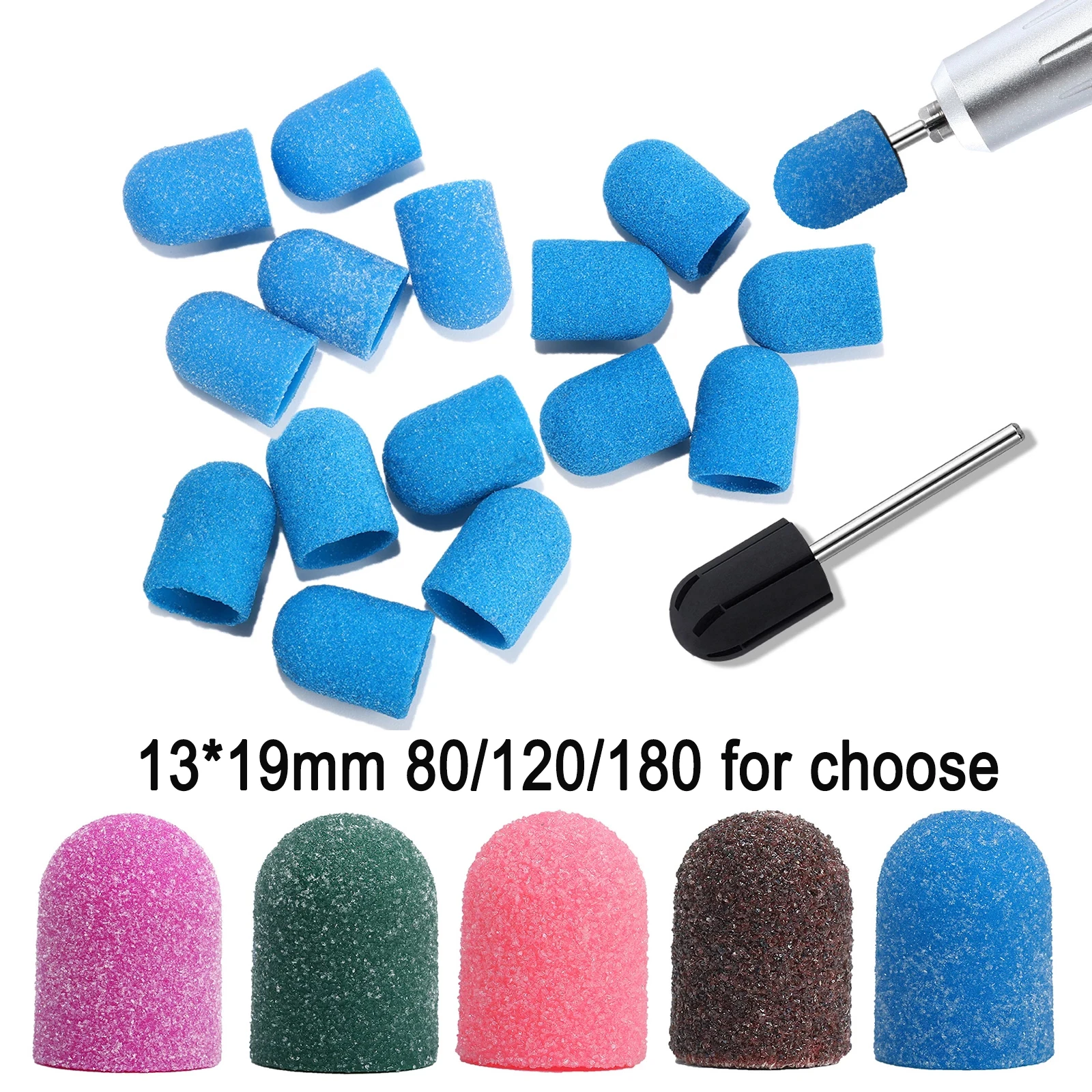 5/10/20pcs 고무 드릴 비트가있는 네일 샌딩 캡 밴드 전기 매니큐어 네일 도구 용 밀 그라인딩 샌드 캡 페디큐어 파일