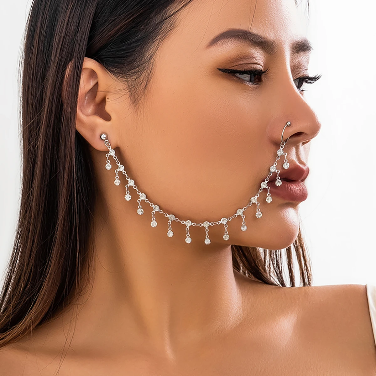 Lacteo New Trendy Nose Ring Clip Ear Stud Rhinestone Charm Fake