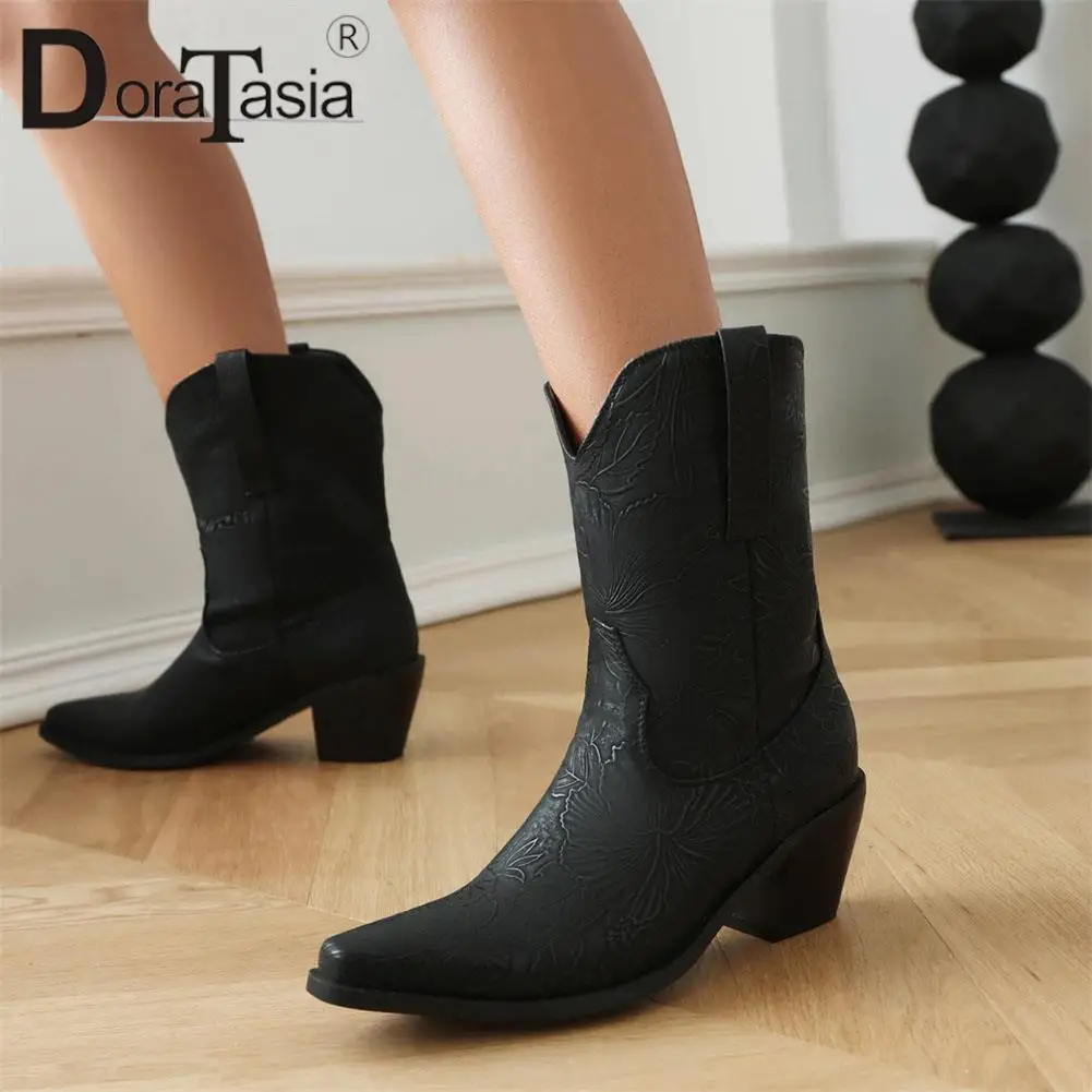 New women's Pointed Toe Cowboy Ankle Boots Fashion Print Chunky Heels Western Cowgirl Boots Women Brown Vintage Woman Shoes