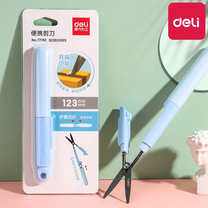 Deli Foldable Scissors Portable Anti Stick for kids Aldult Handmade Unboxing Paper Cutting Utility Knife Office Stationery Cute