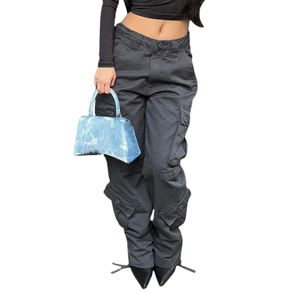 

Female Womens Trousers Baggy Cargo Jeans Flared Bell-bottoms High Waisted Hippie Loose Relaxed Solid Color Clothes