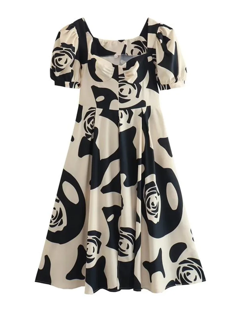 

TRAF 2023 Summer New Women's Print Floral Dress Short Sleeves Elegant Lace-Up Casual Vest O-Neck Holiday Style