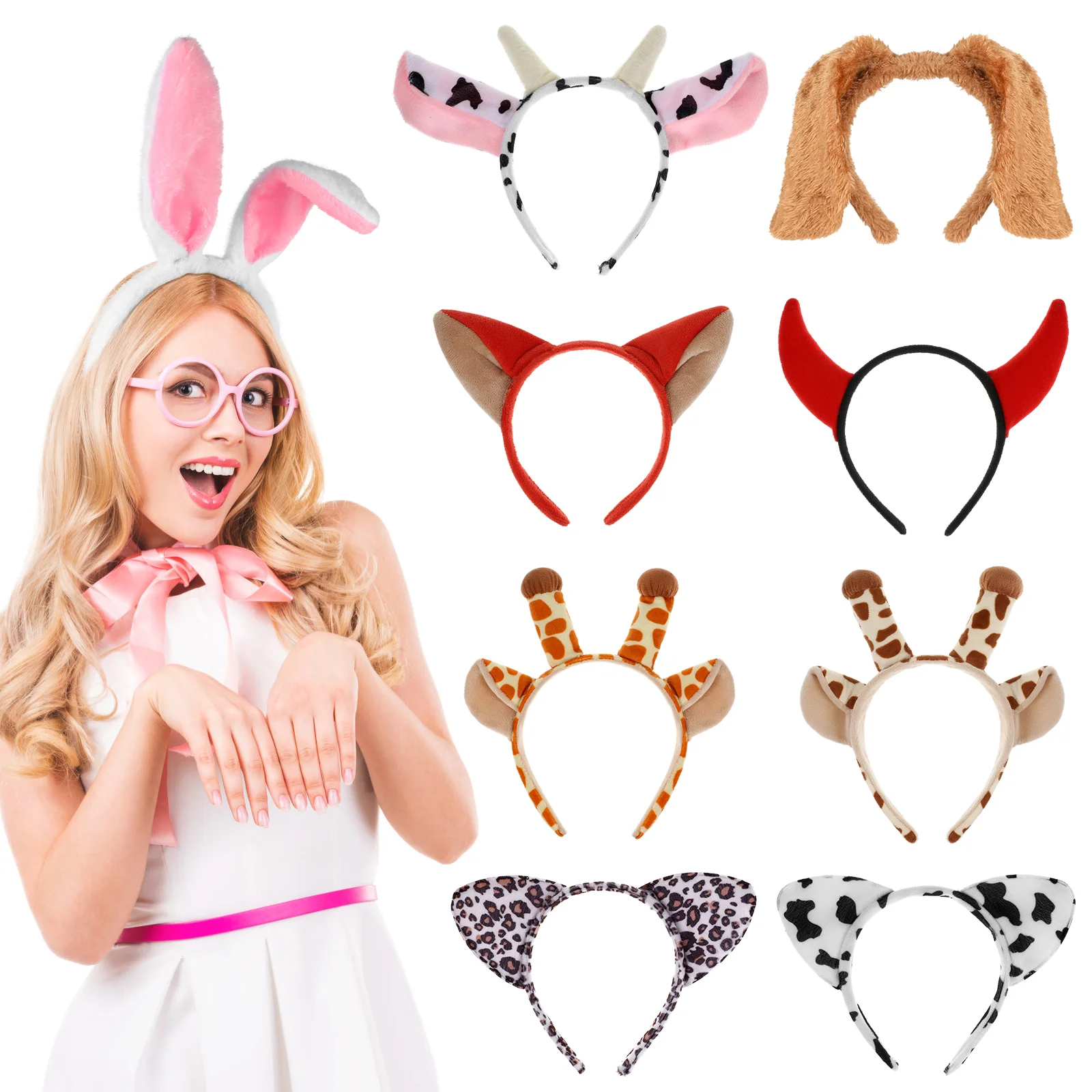 

9pcs Animal Ear Headbands Cat Ear Hair Hoops Hairbands Cow God Giraffe Bunny Hair Accessories for Women Girls