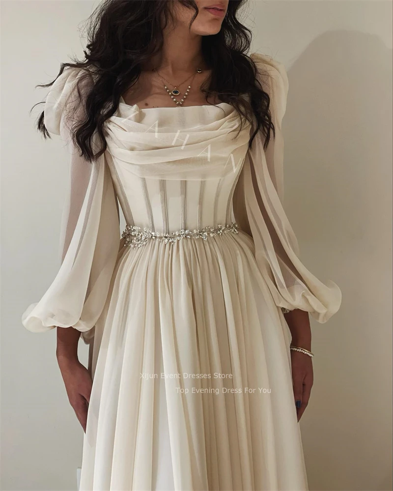 Women Prom Dresses Chiffon Long Sleeves Prom Dresses Pleats Crystal Beaded Prom Gowns Formal Party Elegant Gowns Dubai Evening Dress