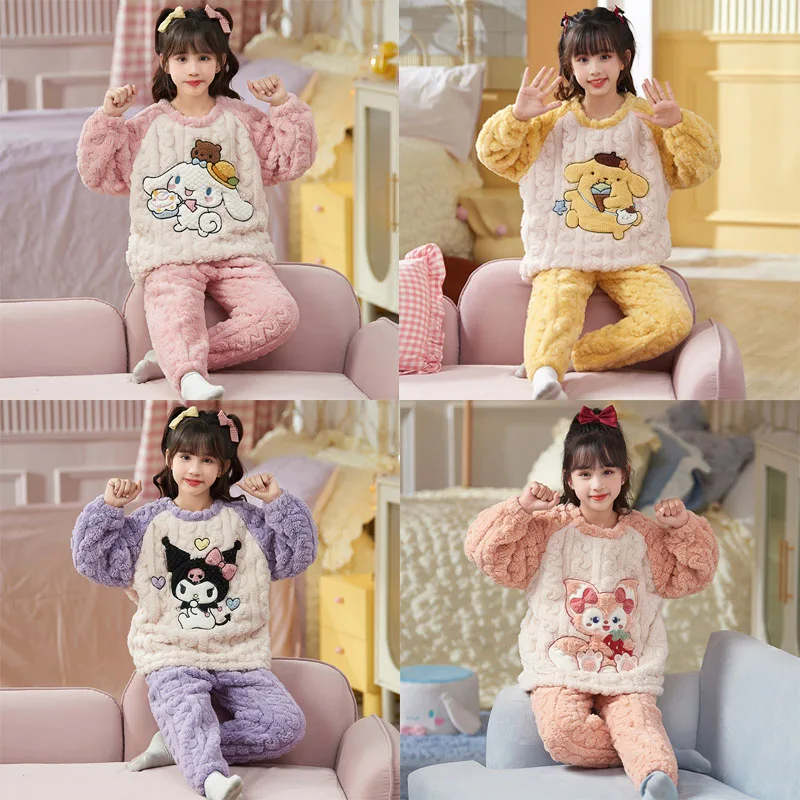 

Kawaii Kuromi My Melody Hello Kitty детские коралловые вельветовые пижамные комплекты осень-зима аниме Sanrio милые пижамы для родителей и детей
