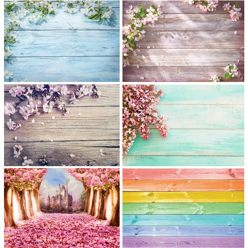 

Art Fabric Flowering Branch On Wooden Background Blossoming Wood Planks Photography Backdrops Photo Studio Props YXX-68
