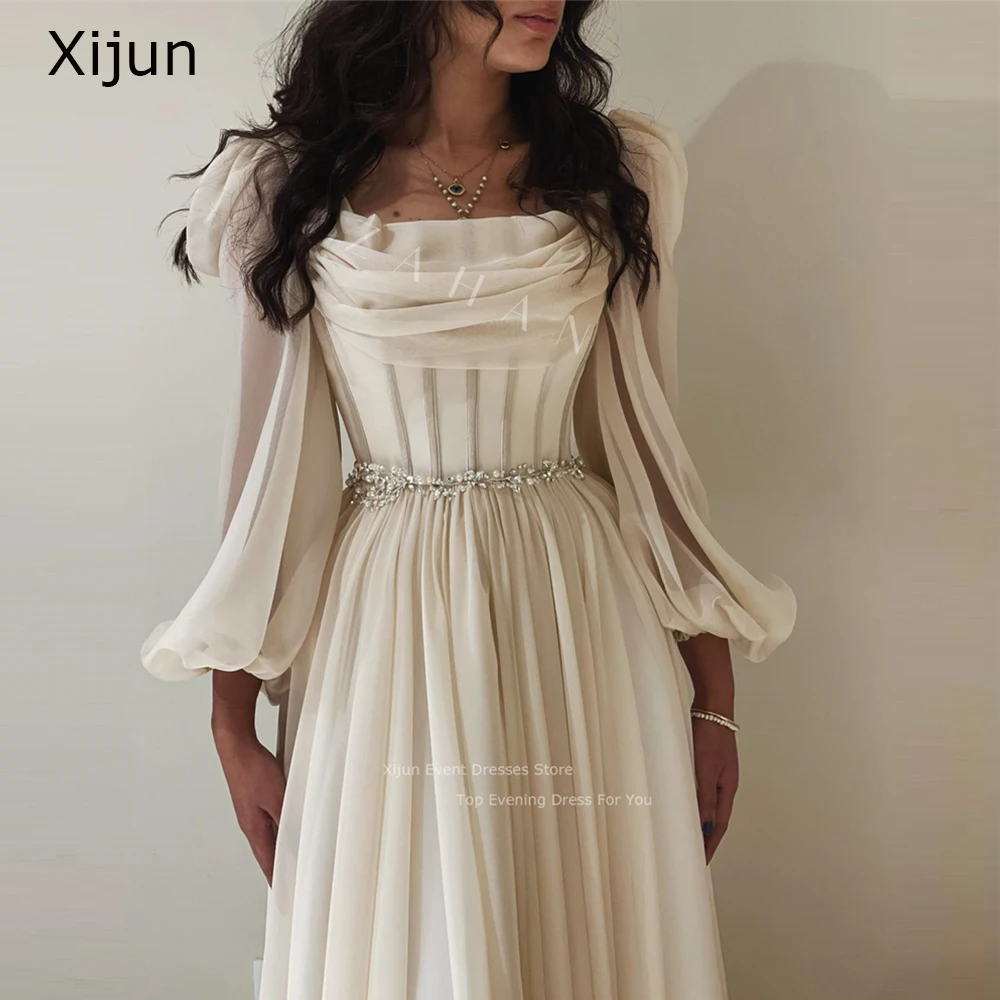 Xijun 시폰 긴 소매 프롬 드레스, 플리츠 크리스탈 구슬 무도회 가운, 격식 있는 파티, 우아한 두바이 이브닝 드레스 