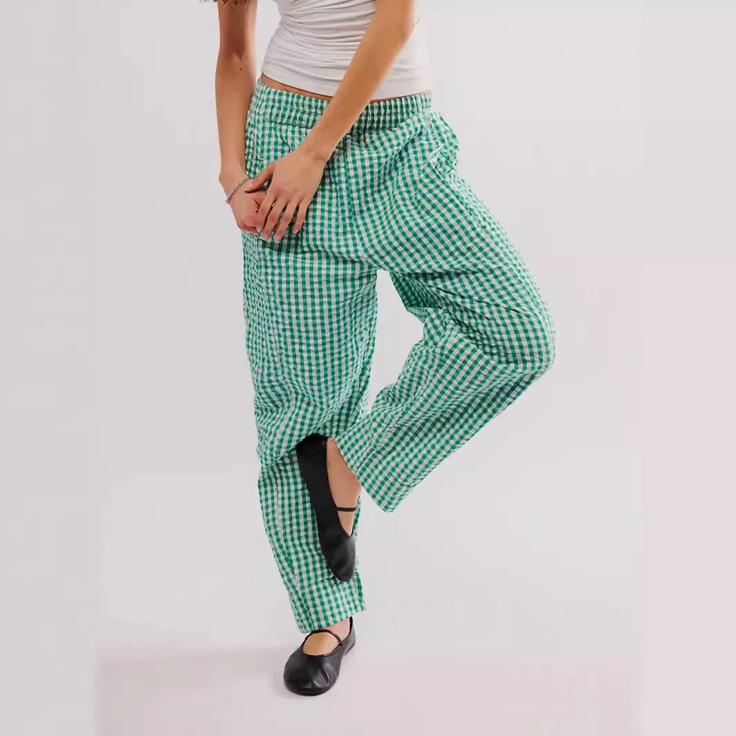 Women's Plaid Yarn-dyed Cotton Casual Pants Preppy Bubble Plaid Pants