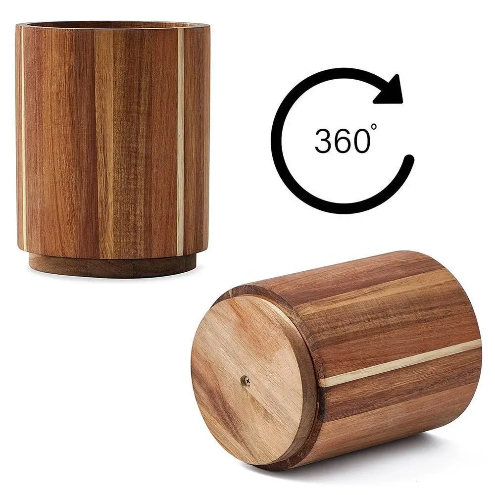 Acacia Wood Rotating Utensils Holder,Kitchen Countertop Organizer for Spoons,Forks,Knives,Cutlery Gadget Tools Storage Container 3