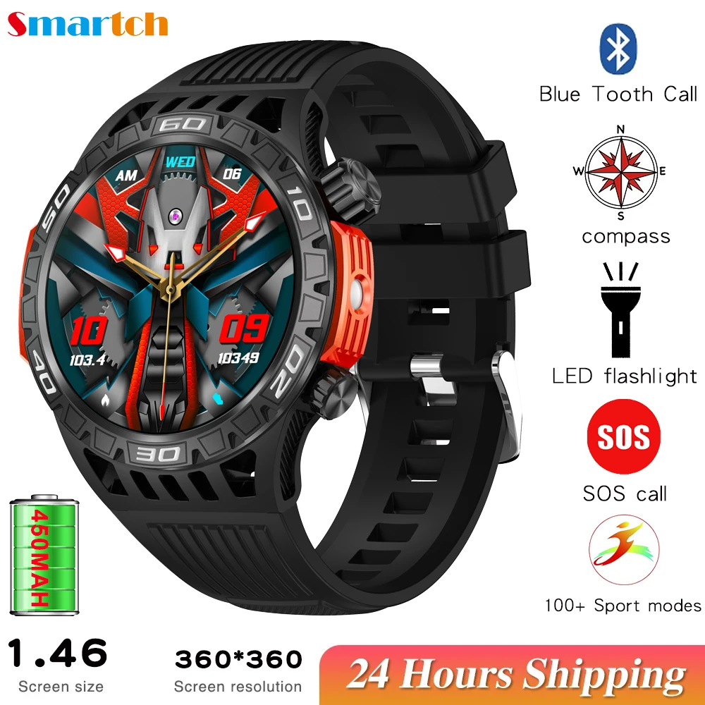 

Outdoor Sports Fitness Men Blue Tooth Call Smart Watches Compass SOS Waterproof LED Flashlight Music Smartwatch 450Mah Battery