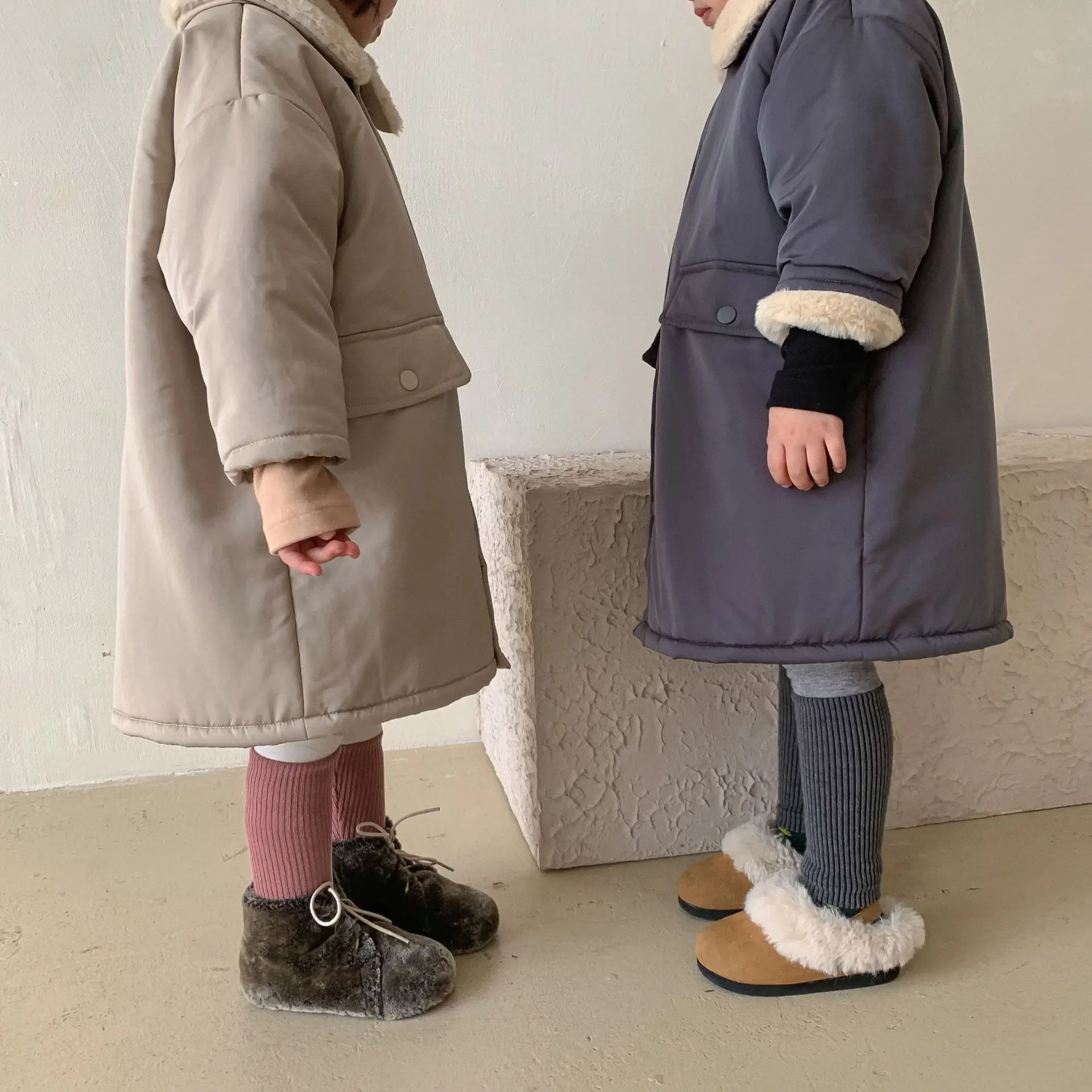Winter Girls Boys Thick Warm Fleece Long Jacket Baby Kids Children Pocket Coat Outerwear Two Colors