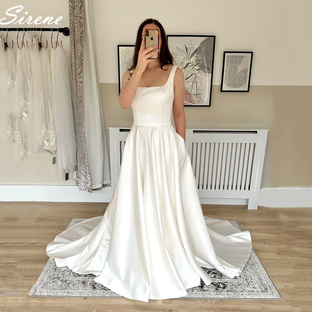 Sirene Square Collar Wedding Dress Detachable long Sleeves With Button Sleeveless Simple A-Line Backless Satin Bride Gown verngo simple satin short wedding dresses puff long sleeves square collar country above knee bride party gown robe de mariage