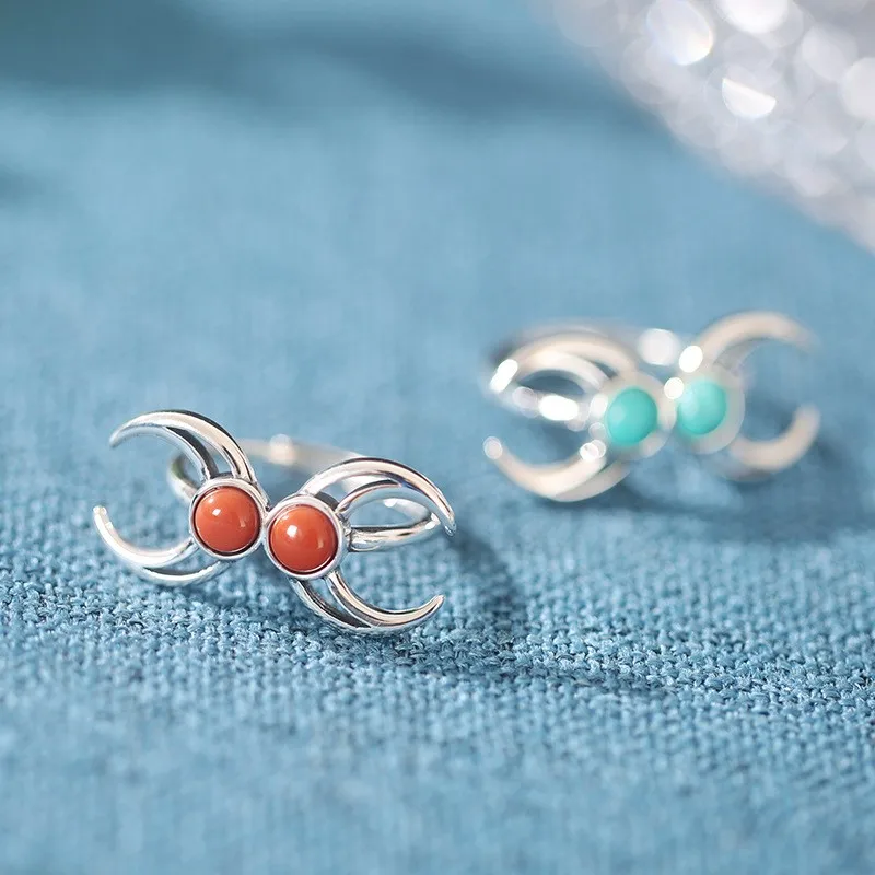

JZ269 ZFSILVER Thai Silver S925 Fashion South Red Agate Turquoise Luxury Trendy Adjustable Double Moon Rings Women Wedding Party
