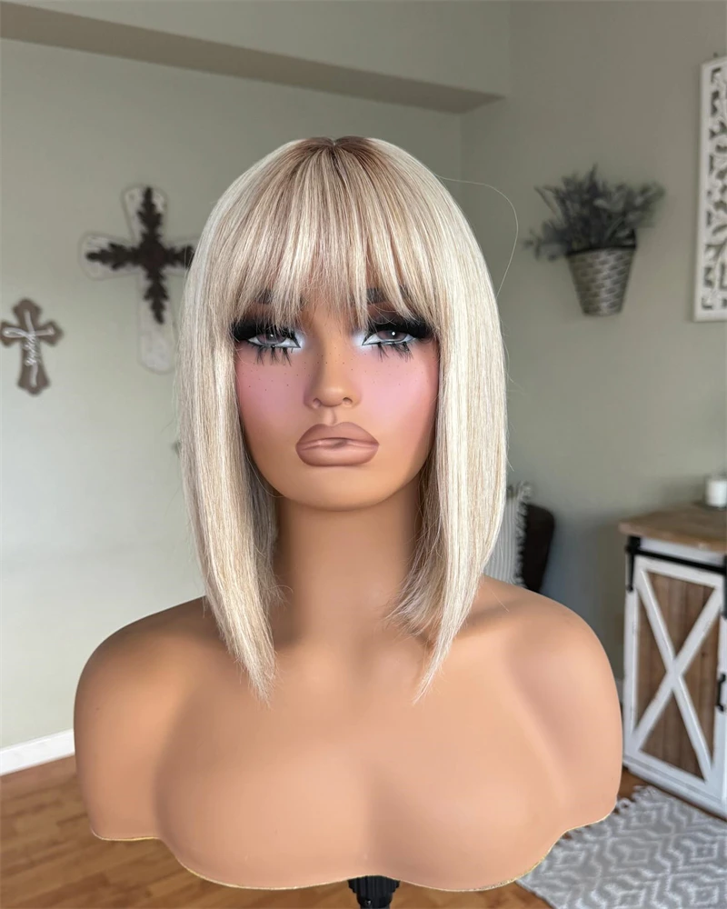 Synthetic Human Hair Wig Futura Short Bob Wig Ombre Blonde Highlights Ash Colored Lace Frontal Wig synthetic Mixed with 5% Human Hair Short Women