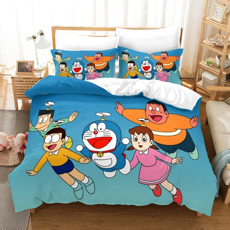 Set Letto Doraemon In Microfibra - Copripiumino 135x200 Cm + Federa 48x75 Cm, Stampa 3D, Morbido, Traspirante