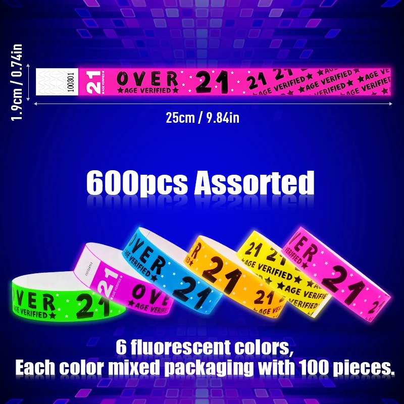 DUBAND 600pcs Over 21Age Verified for Events with Serial Number, Waterproof Fluorescent Verified Wristband Bracelet for Concerts