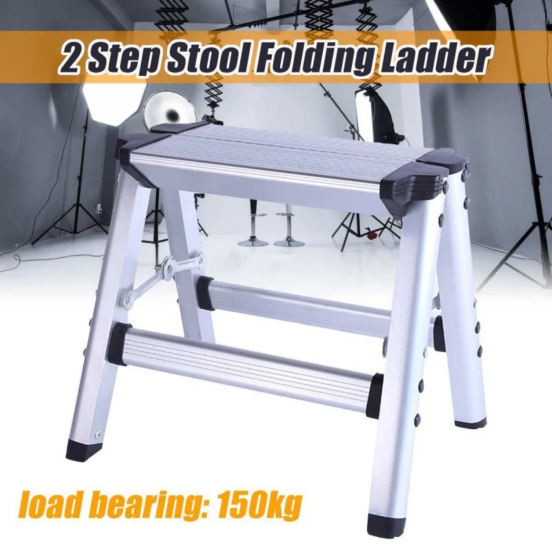 Scala Pieghevole Per Interni Piattaforma In Alluminio Scala Portautensili A 2 Gradini Carico Massimo 150Kg Sicurezza Antiscivolo A Doppia Faccia Con S