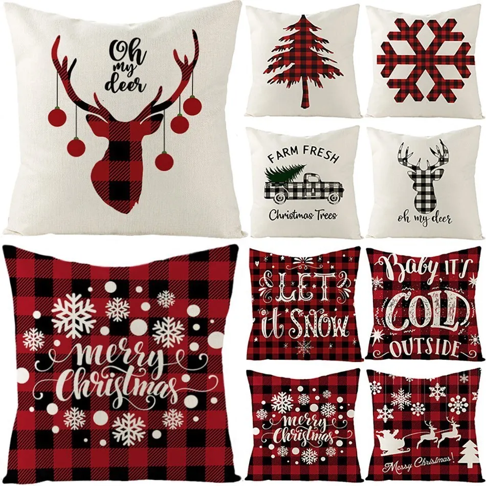 

Merry Christmas Cushion Cover Red Black Plaid Elk Plant Christmas Decorations Ornaments Square Pillowcase Party Gifts New Year
