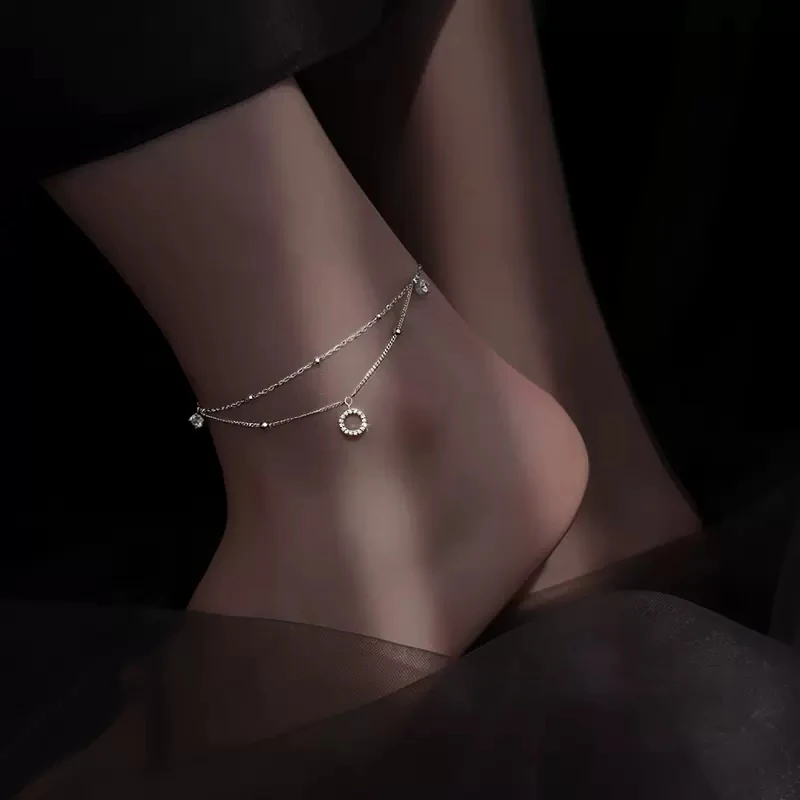 Anklet Bracelets Silver Anklets Ankle Chain 925 Sterling Silver Double Layer Design Foot Chain Tassel Zircon Women's Fine Chain Fashion Overlay Exquisite Foot Jewelry