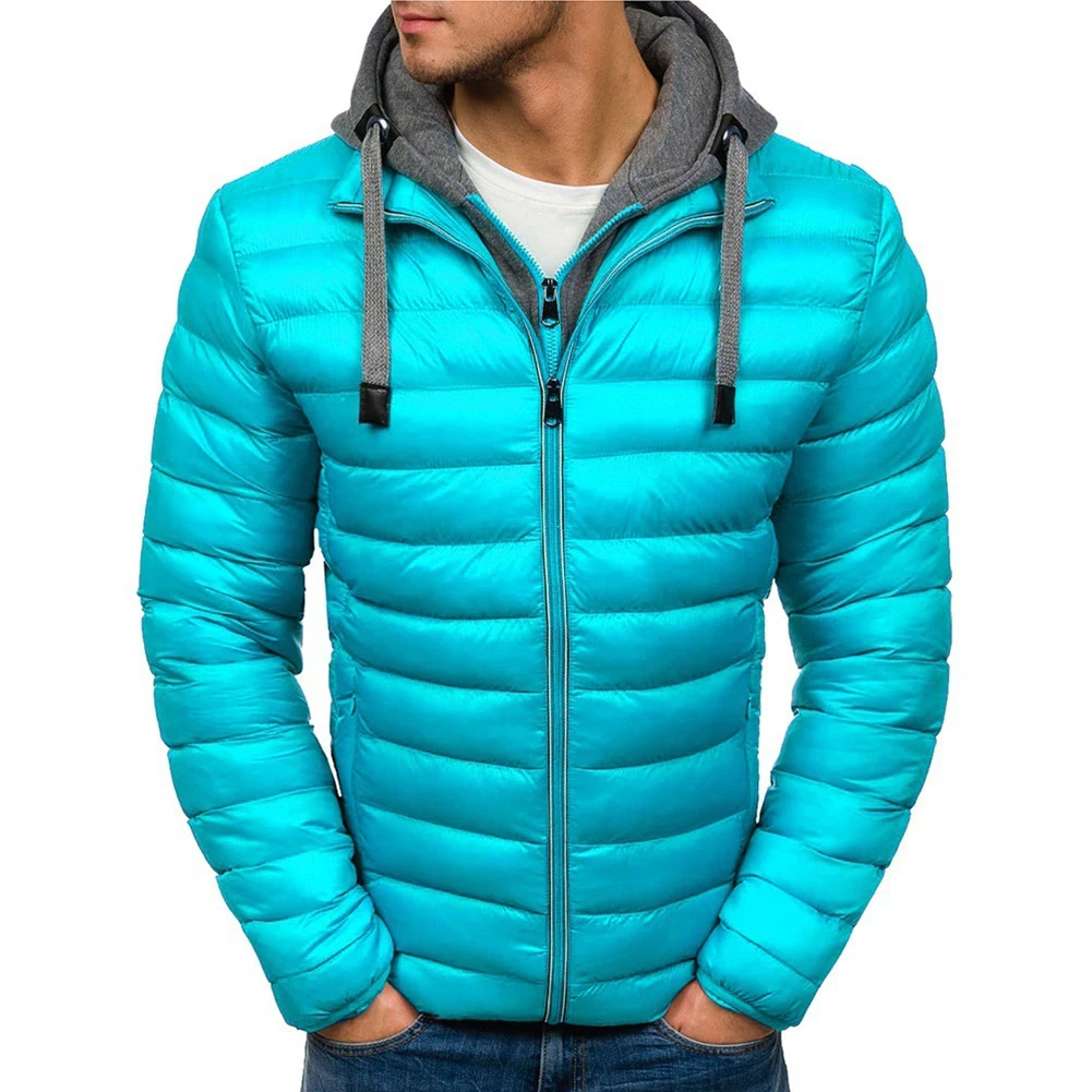 

Fashion Man Fake Two Pieces Hooded Parkas Cotton Padded Winter Warm Solid Color Zip-Up Parkas Coats Tops For Men Clothing
