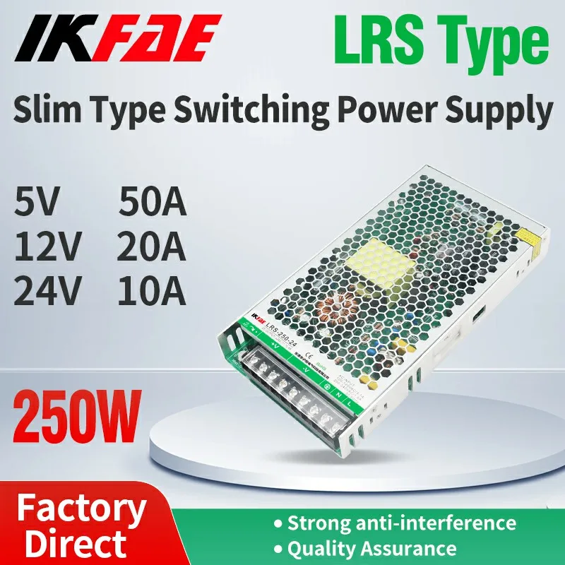SMPS 스위칭 전원 공급 장치 LRS-250, 과부하 보호, 단일 출력, 소형 볼륨 변압기, 슬림 5V, 12V, 24V 출력, 250W