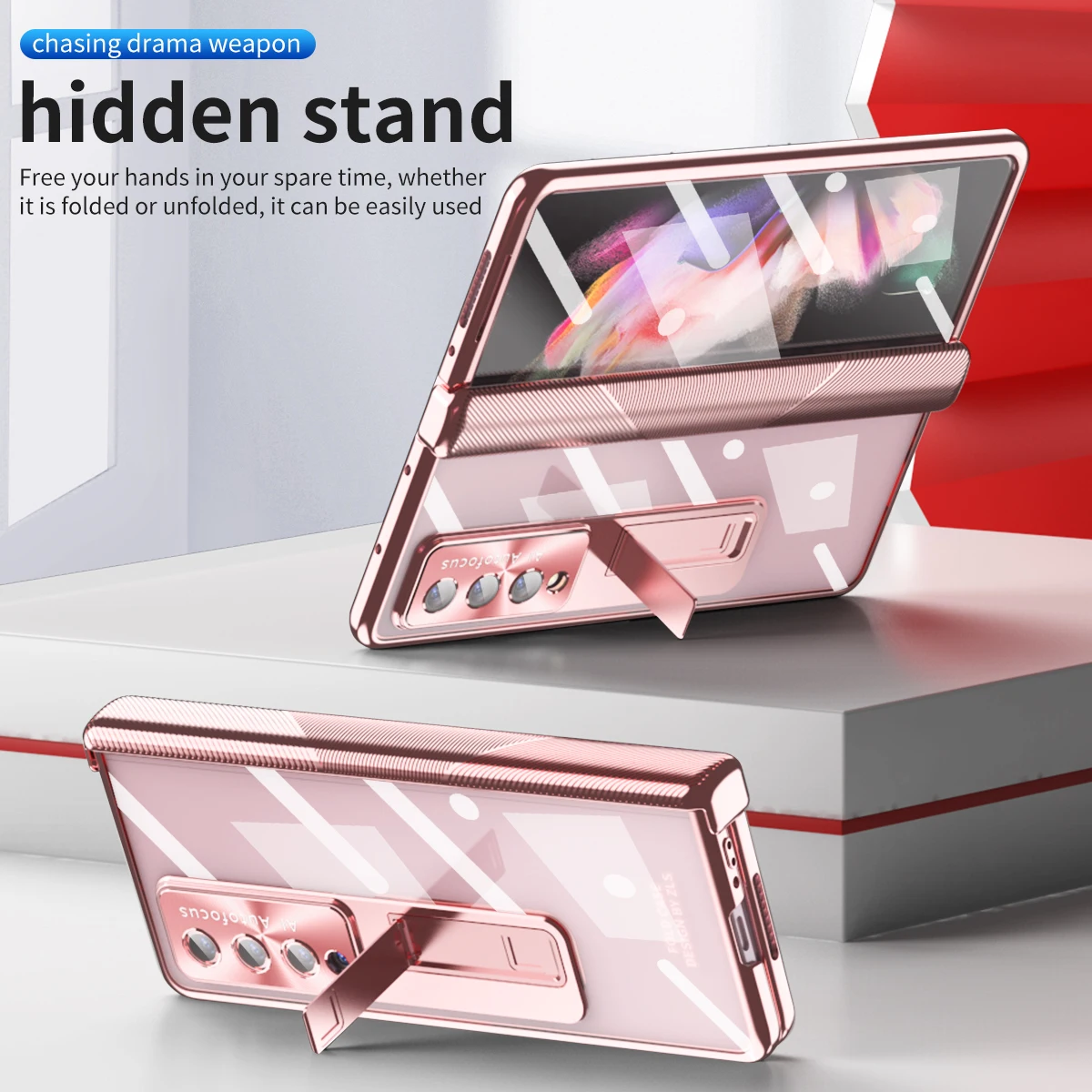 With Pen Plating Clear Magnetic Case For Samsung Galaxy Z Fold 4 3 5G Full Screen Protector Transparent PC Kickstand Phone Cover