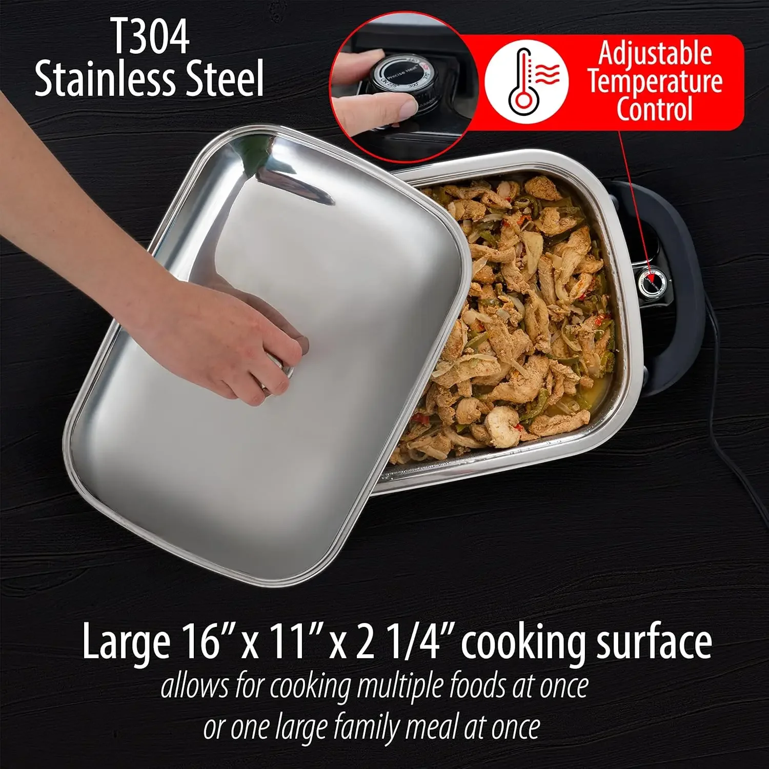 16-Inch Electric Skillet - Rectangular Stainless Steel Pan with Handles and Lid Cover 6