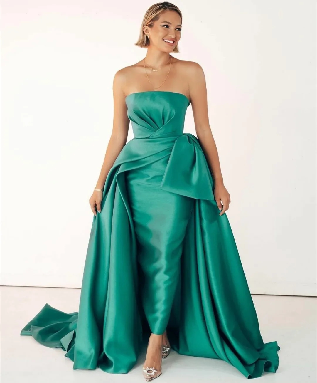 Mermaid Sweep Train Pleats Formal Prom Dress for Women Muslim Ankle Length Party Gowns Green Strapless Evening Dresses prom dres